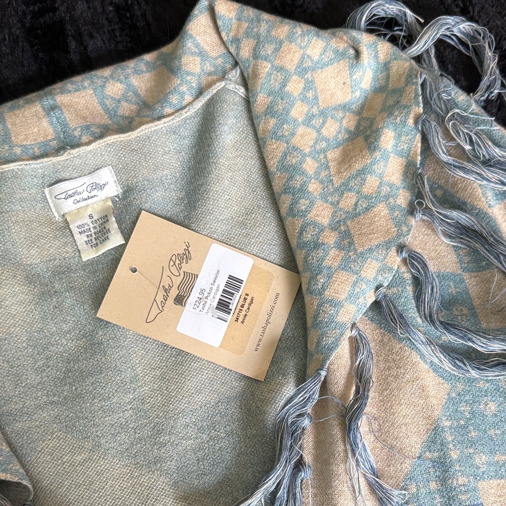 Tasha Polizzi Blue and Cream Patterned Fringe Cardigan